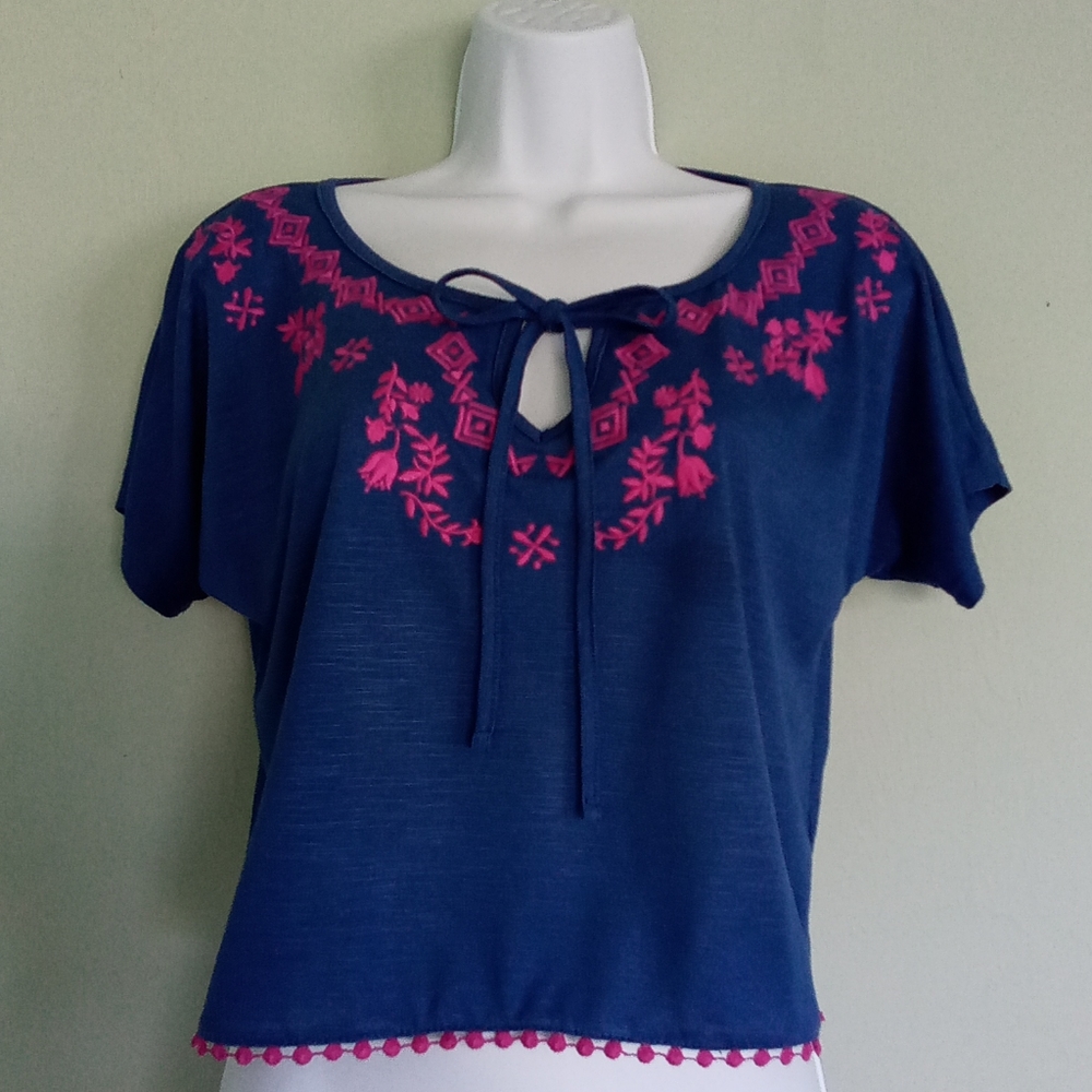 Mossimo blue crop top with pink embroidery